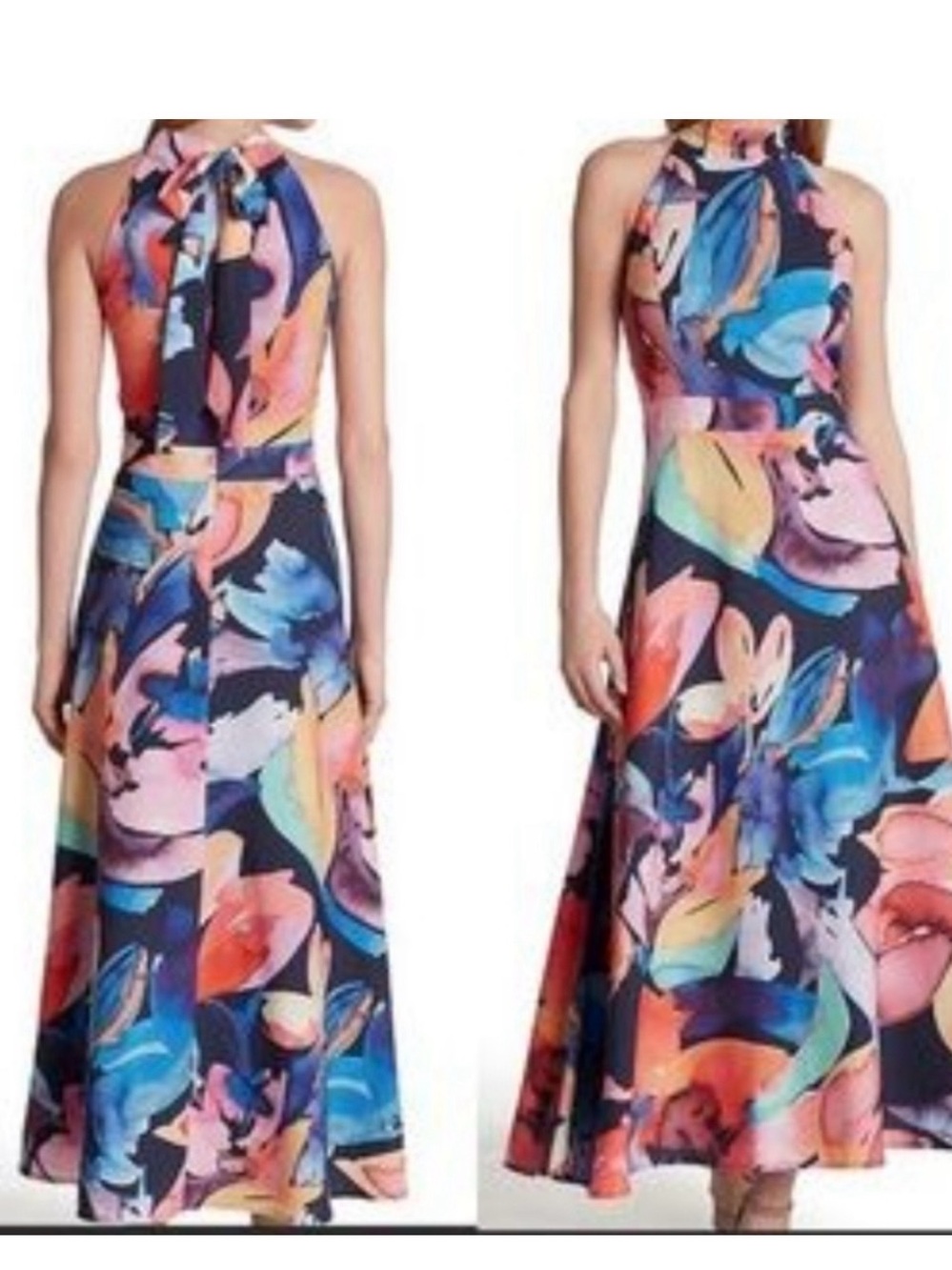 Tahari Floral/Watercolor Halter Midi Dress in Multicolor